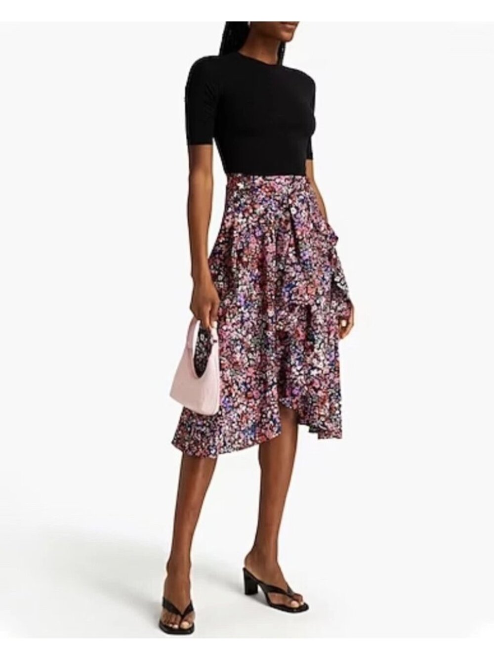 Maje Size S Rinto Floral Tie Waist Tiered Ruffle Midi Dress